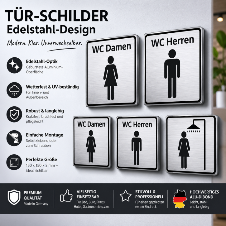 WC Türschild Piktogramm Damen / Herren – Aluminium Edelstahloptik 15 × 15 cm