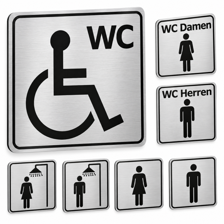 WC Türschilder 15 × 15 cm – Alu-Dibond Edelstahloptik | Damen, Herren, Dusche & Rollstuhl-WC