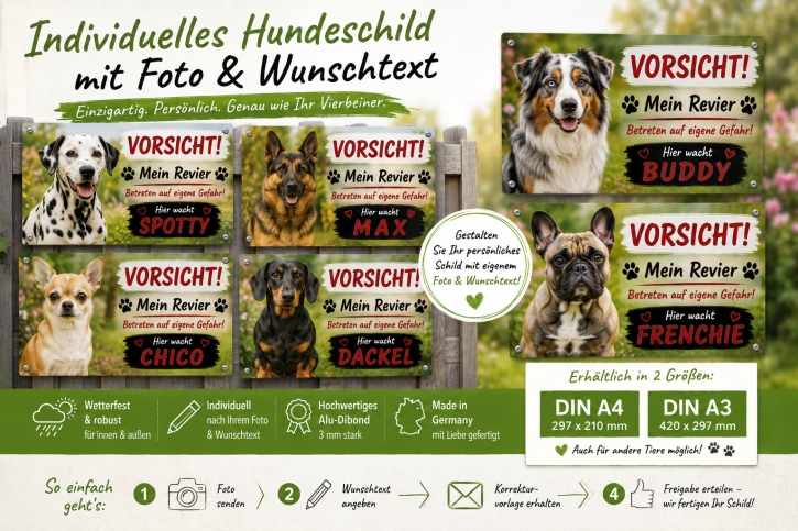 Individuelles Hundeschild – mit Foto & Wunschtext | Aludibond wetterfest Individuelles Hundeschild – mit Foto & Wunschtext | Aludibond wetterfest