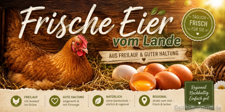 Werbebanner 200 × 100 cm – Standardmotiv | Optional individuell gestaltbar | Eier zu verkaufen