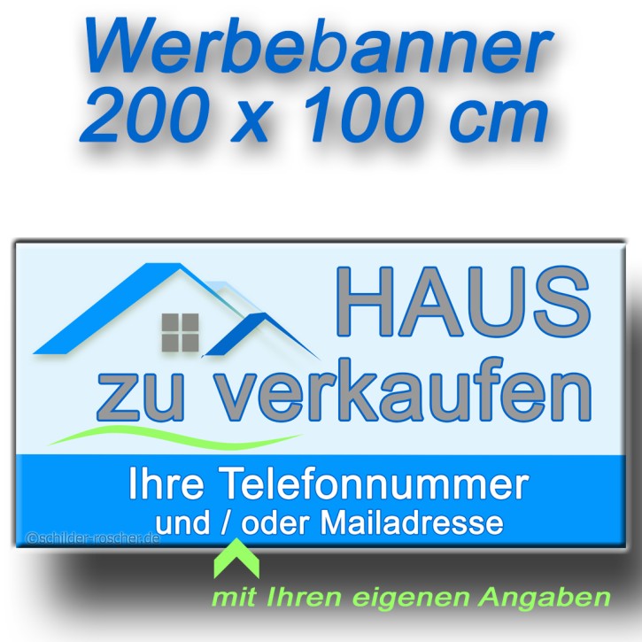 Werbebanner 200 × 100 cm – Standardmotiv | Optional individuell gestaltbar | Haus zu verkaufen