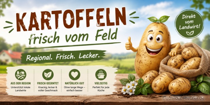 Werbebanner 200 × 100 cm – Standardmotiv | Optional individuell gestaltbar | Kartoffeln zu verkaufen