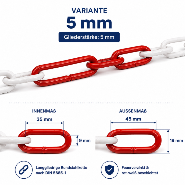 Absperrkette Stahlkette - Metall rot-weiß, 5 mm Gliederstärke