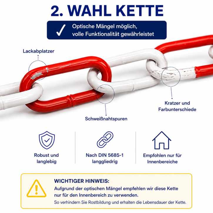 Absperrkette Stahlkette 5685-1 - Metall ROT-WEISS, versch. Gliederstärken 5 mm - 2. Wahl