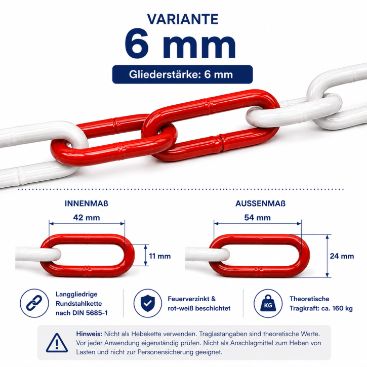 Absperrkette Stahlkette - Metall rot-weiß, 6 mm Gliederstärke