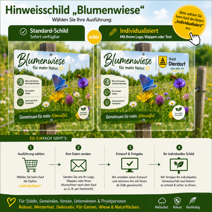 Hinweisschild Blumenwiese – Schutz für Insekten, Aluminium 3 mm, wetterfest 420 x 297 mm / Individualisiert