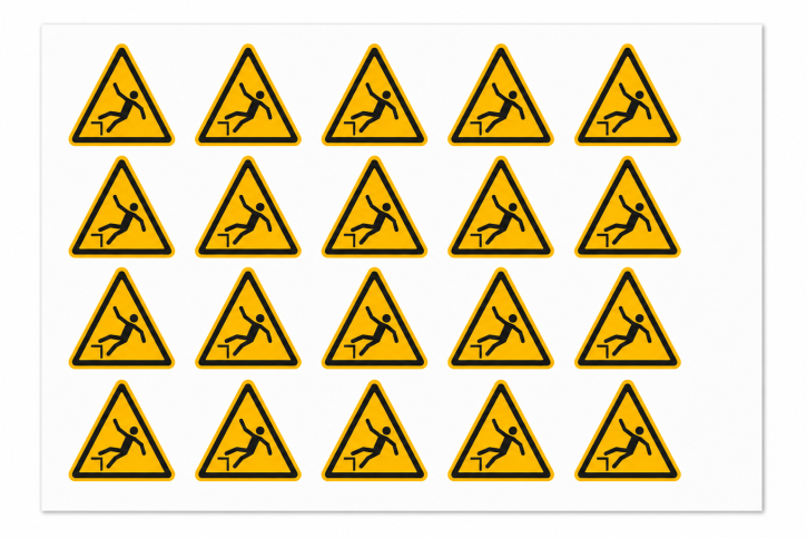Warnschild „Vorsicht Absturzgefahr" – W008 nach DIN EN ISO 7010 - 25 mm - 20 Stück auf Bogen