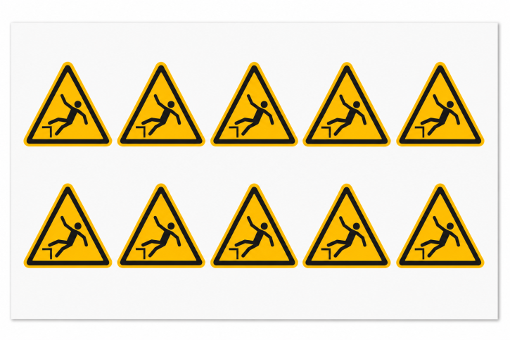 Warnschild „Vorsicht Absturzgefahr" – W008 nach DIN EN ISO 7010 - 50 mm - 10 Stück auf Bogen