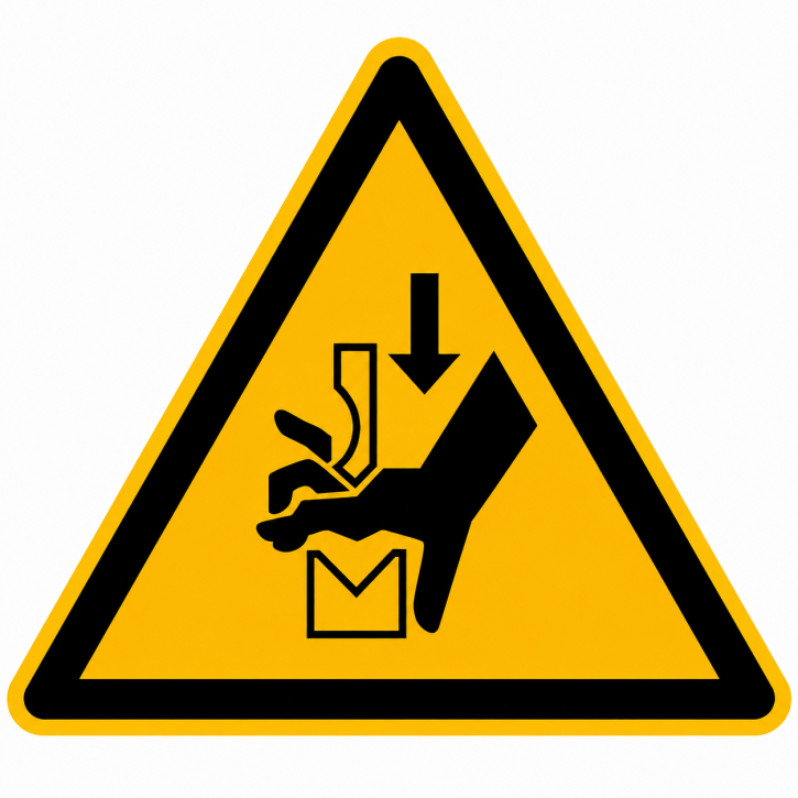 Warnschild „Warnung vor Quetschgefahr der Hand zwischen den Werkzeugen einer Presse" – W030 nach DIN EN ISO 7010