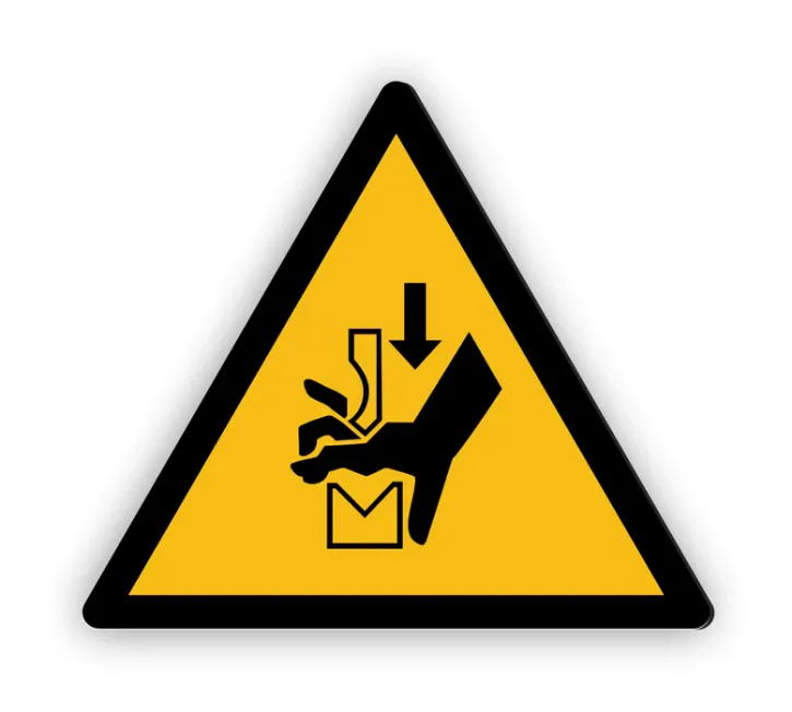 Warnschild „Warnung vor Quetschgefahr der Hand zwischen den Werkzeugen einer Presse" – W030 nach DIN EN ISO 7010