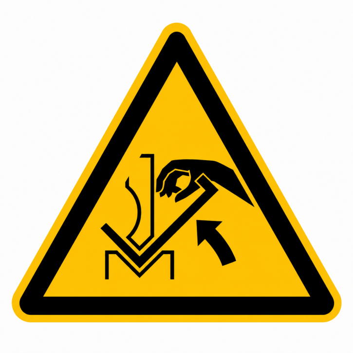 Warnschild „Warnung vor Quetschgefahr der Hand zwischen Presse und Werkstück" – nach DIN EN ISO 7010 W031