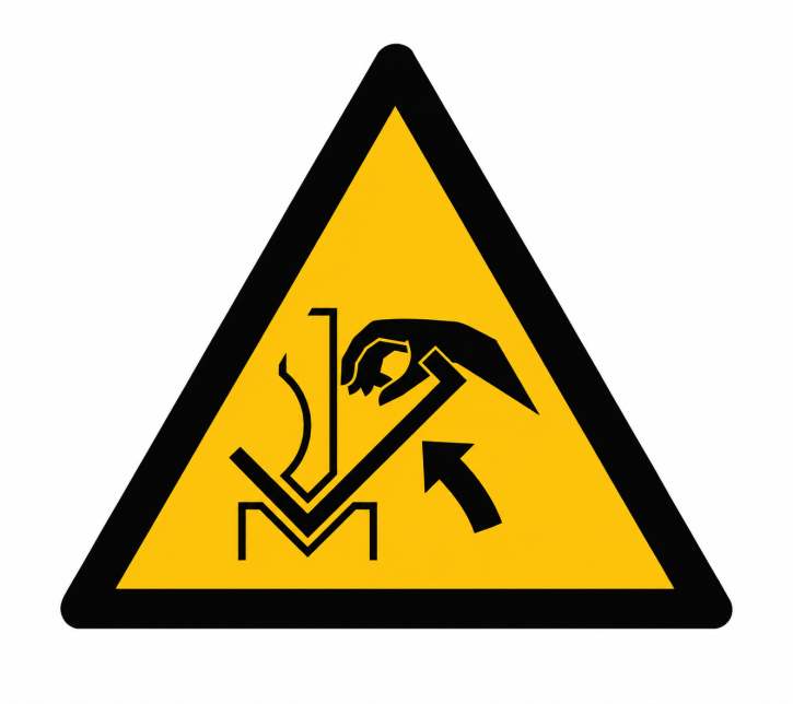 Warnschild „Warnung vor Quetschgefahr der Hand zwischen Presse und Werkstück" – nach DIN EN ISO 7010 W031
