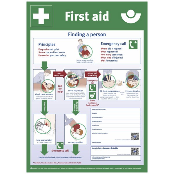 Aushang - Berufsgenossenschaft Anleitung zur Ersten Hilfe bei Unfällen (Englisch) Hart-PVC / 400 mm x 560 mm