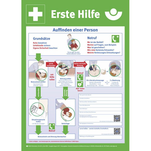 Aushang - Berufsgenossenschaft Anleitung zur Ersten Hilfe bei Unfällen 400 mm x 560 mm / Hart-PVC