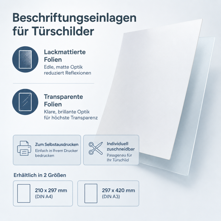 Beschriftungsfolie lackmattiert oder volltransparent individuell bedruckbar per Laserdrucker für Türschilder DIN A4 oder A3 Beschriftungsfolie lackmattiert oder volltransparent individuell bedruckbar per Laserdrucker für Türschilder DIN A4 oder A3