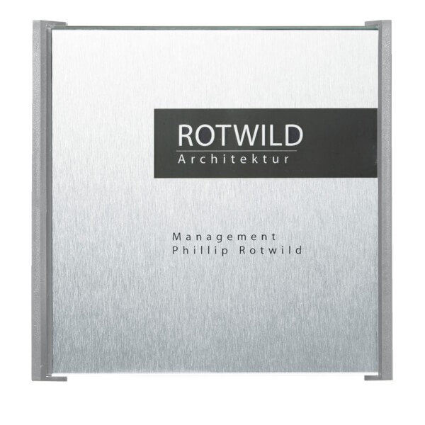 BOX Türschild grau in Edelstahloptik mit einer Abdeckung aus Sicherheitsglas / 15,4 × 15,4 cm / BO7000