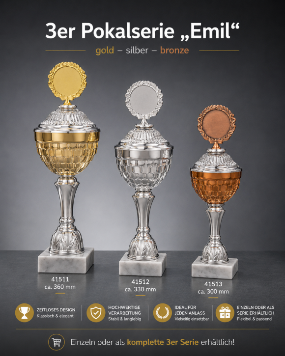 3er-Pokalserie Emil Gold Silber Bronze mit Wunschgravur