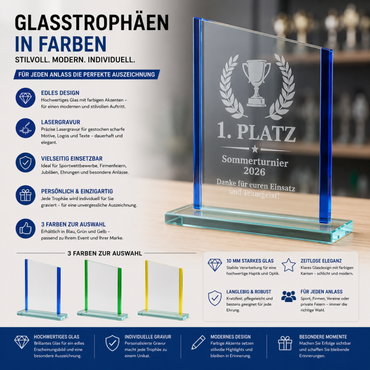 Farbige Glastrophäen mit individueller Lasergravur