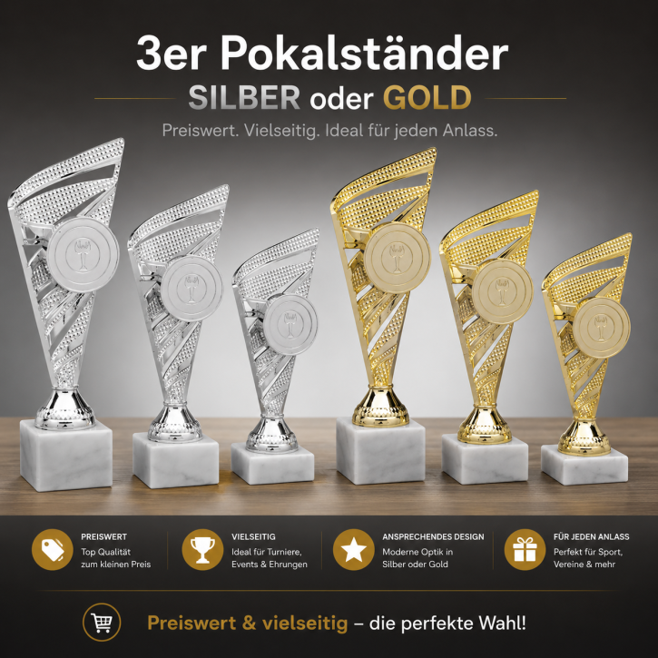 Pokalserie Ständer-Trophäen Gold oder Silber mit Wunschgravur