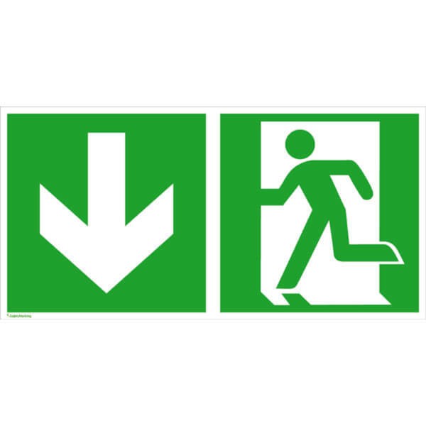 Fluchtwegschild - langnachleuchtend Notausgang links mit Zusatzzeichen: Richtungsangabe abwärts