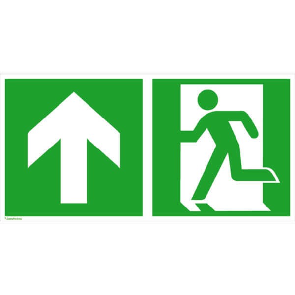 Fluchtwegschild - langnachleuchtend Notausgang links mit Zusatzzeichen: Richtungsangabe aufwärts bzw. geradeaus