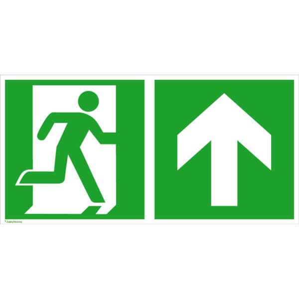 Fluchtwegschild - langnachleuchtend Notausgang rechts mit Zusatzzeichen: Richtungsangabe aufwärts bzw. geradeaus