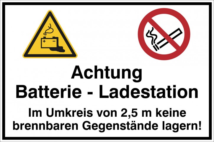 Schild Achtung Batterie-Ladestation Aluminium Dibond 3 mm 300 x 200 mm