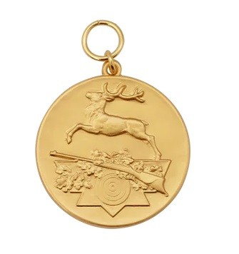 Medaille "Jagen / Springender Hirsch" , vergoldet mit Öse & Ring Ø 39 mm, 12540-11