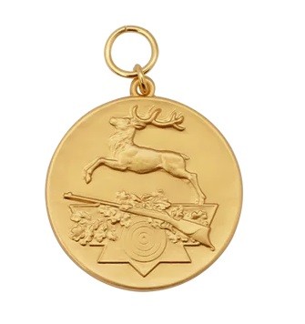 Medaille "Jagen / Springender Hirsch" , vergoldet mit Öse & Ring Ø 39 mm, 12540-11