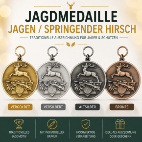 Medaille "Jagen / Springender Hirsch" , vergoldet mit Öse & Ring Ø 39 mm, 12540-11