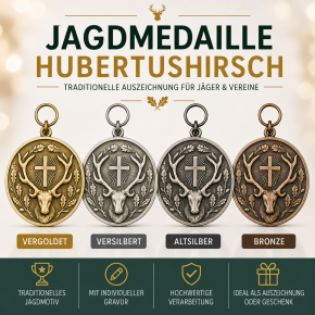 Medaille "JAGEN / JAGD / HIRSCH",  mit Öse & Ring Ø 39 mm, 14349-11-39 vergoldet