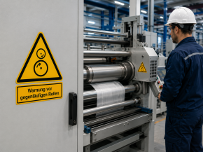 Warnschild "Warnung vor gegenläufigen Rollen" 100 mm