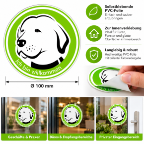 Hunde willkommen Aufkleber „Ich bin willkommen“ – Ø 10 cm