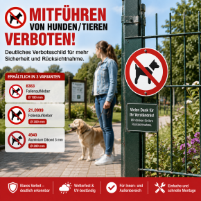 Verbotsschild „Mitführen von Hunden/Tieren verboten" – Ø 100 mm & Ø 200 mm | Folie oder Aluminium-Dibond