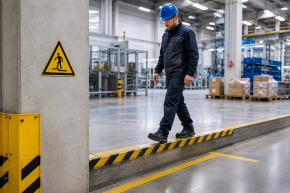 Warnschild „Warnung vor Abwärtsstufe" – ISO 7010 W008 – Folienaufkleber SL 200 mm