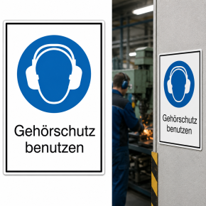Kombischild „Gehörschutz benutzen“ M003 – Folienaufkleber 131 × 185 mm