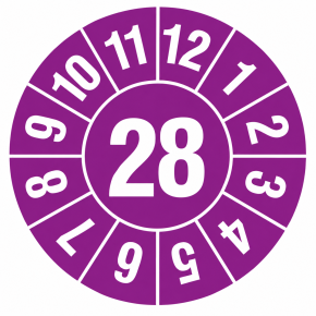Prüfplaketten 2028 – Ø 20 mm, Lila, 500 Stück auf Rolle, UV-Schutzlack
