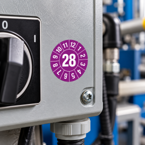 Prüfplaketten 2028 – Ø 20 mm, Lila, 500 Stück auf Rolle, UV-Schutzlack