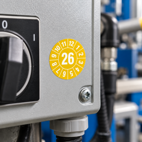 Prüfplaketten 2026 – Ø 20 mm, Gelb, 500 Stück auf Rolle, UV-Schutzlack
