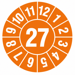 Prüfplaketten 2027 – Ø 20 mm, Orange, 500 Stück auf Rolle, UV-Schutzlack
