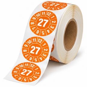 Prüfplaketten 2027 – Ø 20 mm, Orange, 500 Stück auf Rolle, UV-Schutzlack