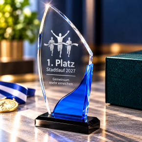 Acryl-Trophäe „Blue-Crystal“ mit Lasergravur – 4 Größen