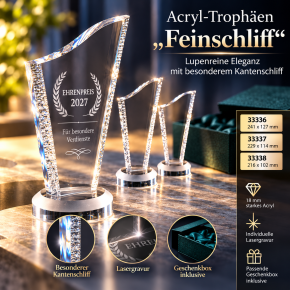 Acryl-Trophäe „Feinschliff“ mit Lasergravur – 18 mm stark