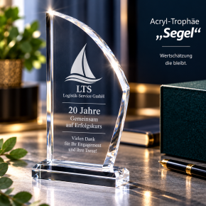 Acryl-Trophäe „Segel“ mit Gravur – 18 mm stark