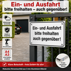 Hinweisschild „Ein- und Ausfahrt bitte freihalten – auch gegenüber!“