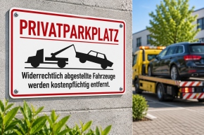 Parkplatzschild „PRIVATPARKPLATZ Widerrechtlich abgestellte Fahrzeuge werden kostenpflichtig entfernt.“ | Aluminium-Dibond | 297 x 210 mm