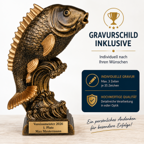 Resinfigur „Angeln / Fisch“ – Angler-Trophäe 260 mm inkl. Gravurschild