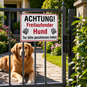 Warnschild „Achtung freilaufender Hund – Tor bitte geschlossen halten“