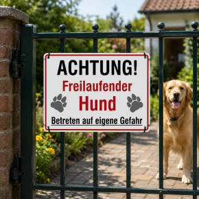 Warnschild „Achtung! Freilaufender Hund – Betreten auf eigene Gefahr“
