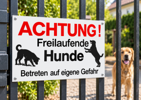 Warnschild „Achtung freilaufende Hunde – Betreten auf eigene Gefahr“ aus Alu-Dibond